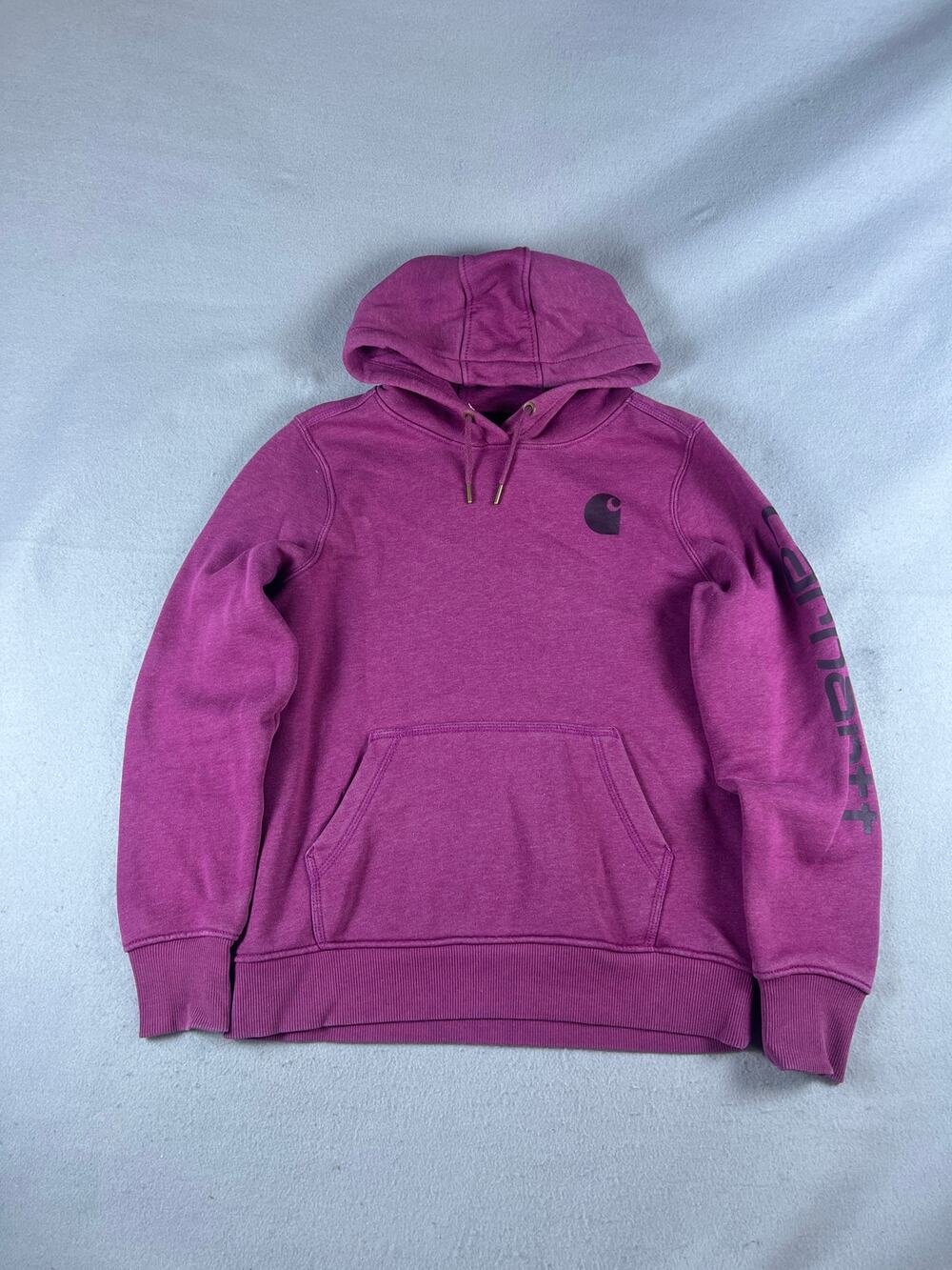 Carhartt Hoodie Womens M Purple Spellout Graphics Sleeve Relaxed Fit Sweatshirt